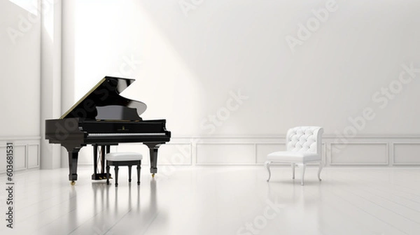 Obraz Minimalistic white room with grand piano, background