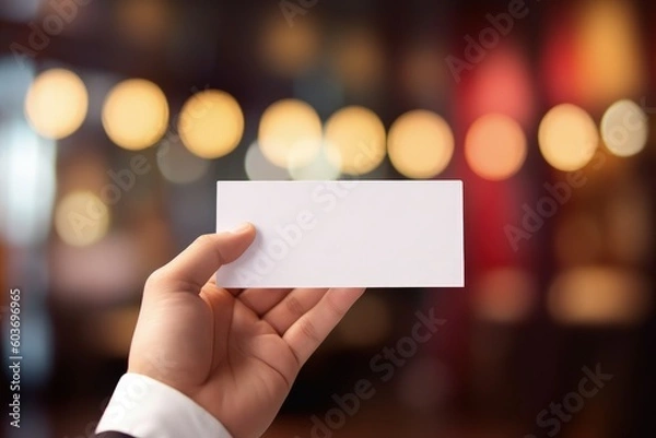 Fototapeta Hand holding white card with space to write, bokeh background, digital illustration. Generative AI