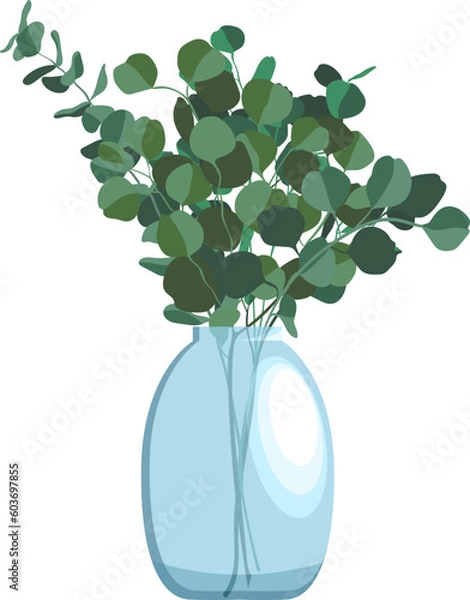 Obraz Flat style illustration of bunch of eucalyptus branches in glass vase isolated on white background