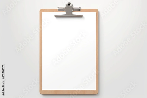 Fototapeta Real photo, wooden clipboard with blank a4 paper mockup template, isolated on light grey background.