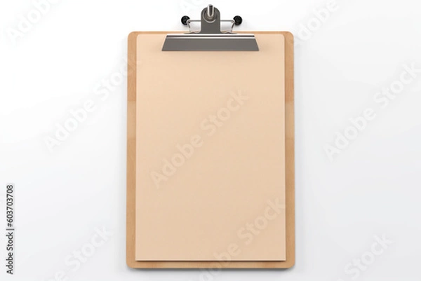 Fototapeta Real photo, wooden clipboard with blank a4 paper mockup template, isolated on light grey background.