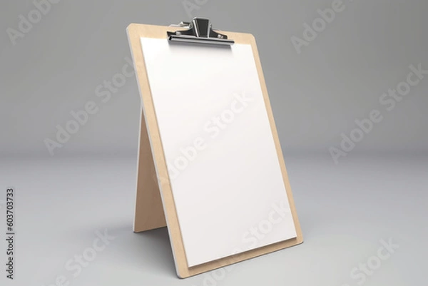 Fototapeta Real photo, wooden clipboard with blank a4 paper mockup template, isolated on light grey background.