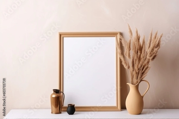 Fototapeta Empty wooden picture frame mockup hanging on beige wall background. Boho shaped vase, dry flowers on table. Cup of coffee, old books. Working space, home office.