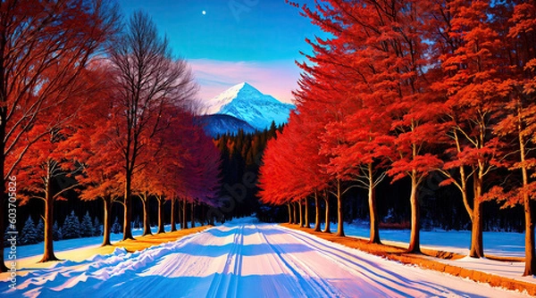 Fototapeta A majestic winter landscape with a snow-covered road and a mountain backdrop. Generated AI