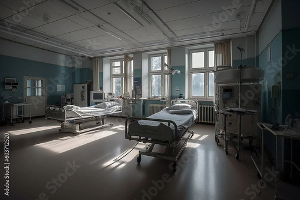 Fototapeta Preparedness: Empty Hospital Beds with Essential Equipment for Patient Care, Generative AI