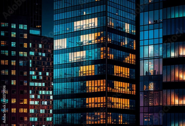 Fototapeta Multi-storey building from the windows of which the light is on. AI Generated
