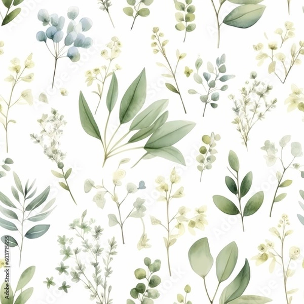 Fototapeta Vibrant watercolor seamless floral pattern with eucalyptus leaves in trendy lime green. Perfect for designs: wallpapers, textile. Generative Ai.