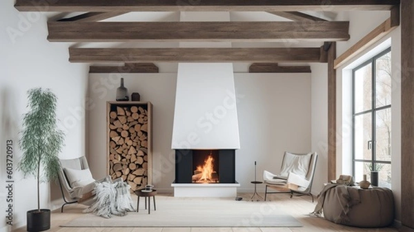 Fototapeta a beautiful house in which the fireplace in the living room gets a lot of attention, impressive design, beautiful finish, elegant appearance