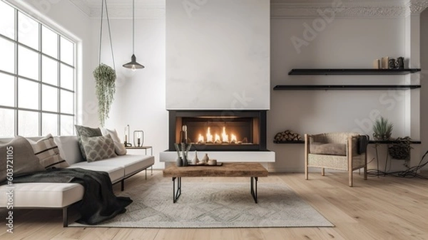 Fototapeta a beautiful house in which the fireplace in the living room gets a lot of attention, impressive design, beautiful finish, elegant appearance