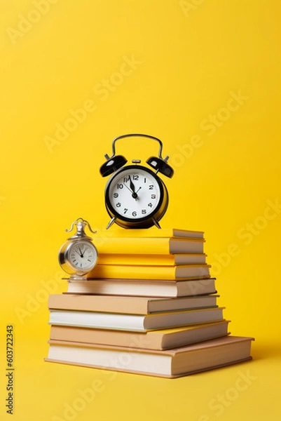 Fototapeta stack of books and clock on yellow background created with AI generative technology