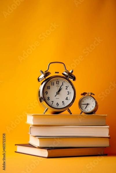 Fototapeta stack of books and clock on yellow background created with AI generative technology