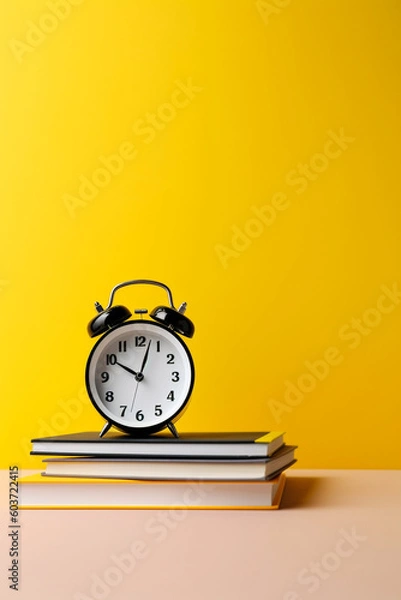Fototapeta stack of books and clock on yellow background created with AI generative technology