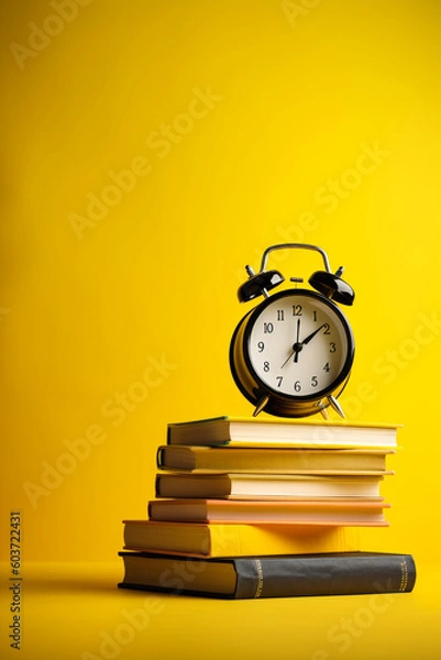 Fototapeta stack of books and clock on yellow background created with AI generative technology