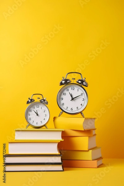 Fototapeta stack of books and clock on yellow background created with AI generative technology