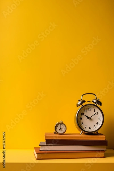 Fototapeta stack of books and clock on yellow background created with AI generative technology