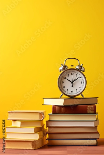 Fototapeta stack of books and clock on yellow background created with AI generative technology