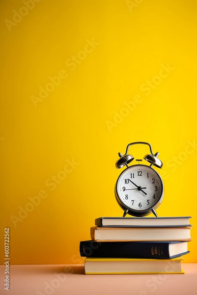 Fototapeta stack of books and clock on yellow background created with AI generative technology
