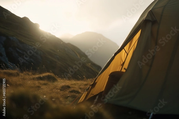 Fototapeta This beautiful mountain view with a tent pitched in the foreground is the perfect backdrop for an unforgettable vacation. Enjoy the serenity and beauty of the great outdoors. AI Generative.