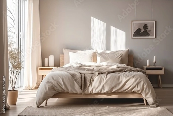 Fototapeta cozy modern scandi style bedroom with wooden bed, white and beige blanket and pillow, sunlight from window, cream curtain on grey wall with art, plant, for interior design background, generative AI