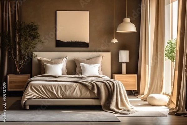 Fototapeta Modern, luxury earthy colored bedroom with beige bed, gray blanket and pillow, white lamp in sunlight from window curtain, brown wall with art, for interior design background, mockup, generative AI