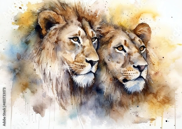 Fototapeta  Watercolor abstract illustration of a pair of lions. The king of animals rests in the shade with the lioness, colorful paint splash, isolated on white background. Generative AI.