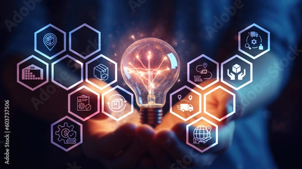 Fototapeta Logistic management concept. The complex process of planning, organizing and controlling resources to meet the needs of customers. The efficient flow and storage of goods, services