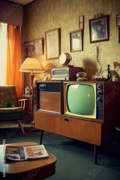 Fototapeta A fictional television set that is a blend of retro and futuristic design