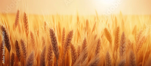 Fototapeta Ripe ears of wheat in a field on a blurred background in gold tones. Banner. Generative AI