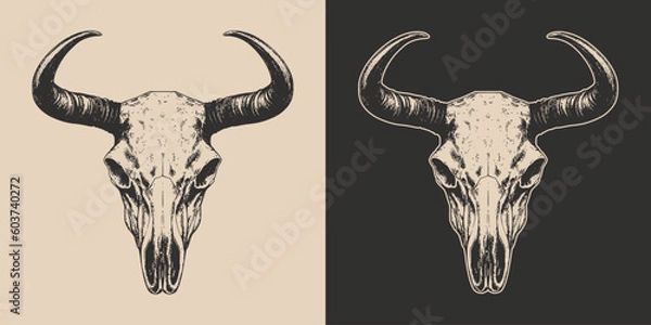 Obraz Zestaw starych retro przerażającego upiornego szkieletu głowy Cow Bull Bull. Cowboy Indian American. Może być używany jak emblemat, logo, odznaka, etykieta. Znak, plakat lub druk. Wektor. Ręcznie narysowany element grawerowania