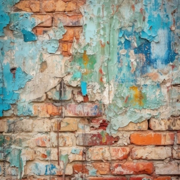 Fototapeta The brick wall has peeling paint and looks weathered. (Generative AI)