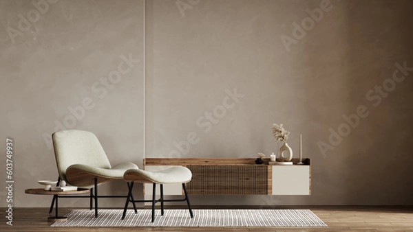 Fototapeta Beige contemporary minimalist interior with armchair, blank wall, coffee table and decor. 3d render illustration mockup