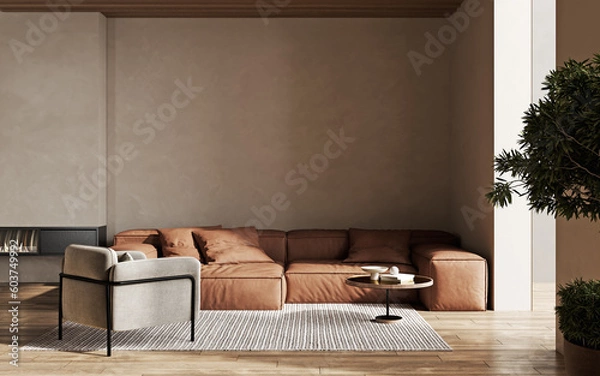 Fototapeta Minimalist living room interior with modern fireplace, armchair and beige plasters walls. Interior mockup, mocha mousse, 3d render