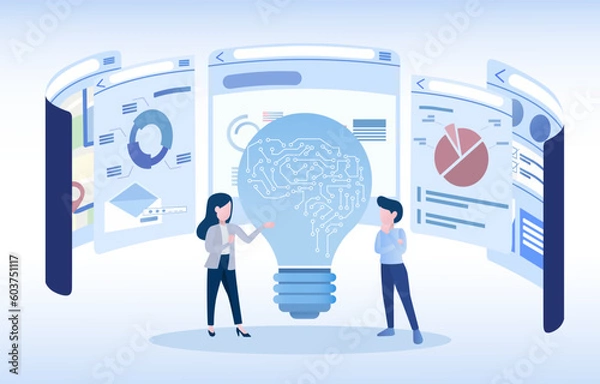 Fototapeta Business people discussing and brainstorming AI concepts, the power of technology for success. Connect and share information. Generate innovative ideas and strategies for business. 