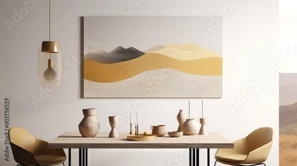 Obraz  a dining room with a table and chairs in front of a painting on the wall On the table there are various objects, and on the right side of the image there is a phot