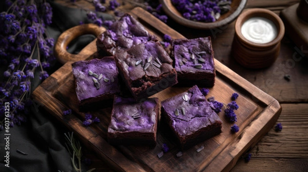 Fototapeta Fresh Ube Brownies on a Rustic Table