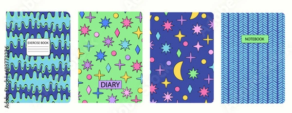 Fototapeta Set of cover page templates based on Neo Brutalism seamless patterns for school notebooks, diaries. Headers isolated and replaceable