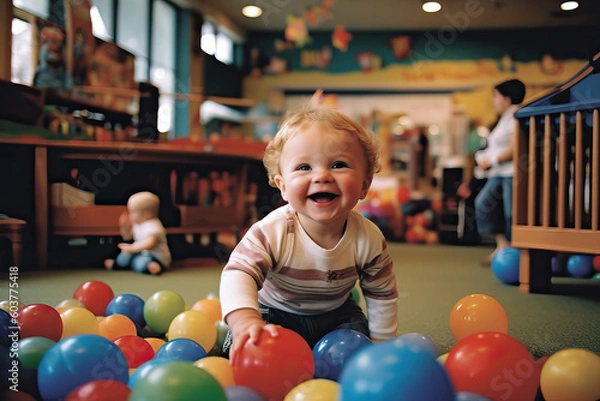 Fototapeta A baby is playing in a ball pit
