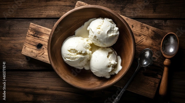 Fototapeta Vanilla Ice Cream in a Bowl on a Rustic Table
