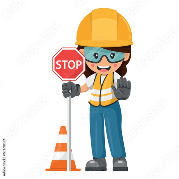 Obraz Industrial woman construction worker with a stop warning sign and safety cone. Worker with his personal protective equipment. Industrial safety and occupational health at work