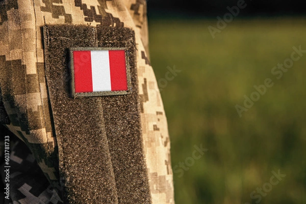 Fototapeta Close up millitary woman or man shoulder arm sleeve with Peru flag patch. Troops army, soldier camouflage uniform. Armed Forces, empty copy space for text
