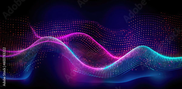 Fototapeta Abstract shiny wave background in purple, pink and blue lights. Digital luxury sparkling wave particles, background streams, digital data flow movement. Technological background. Generative AI