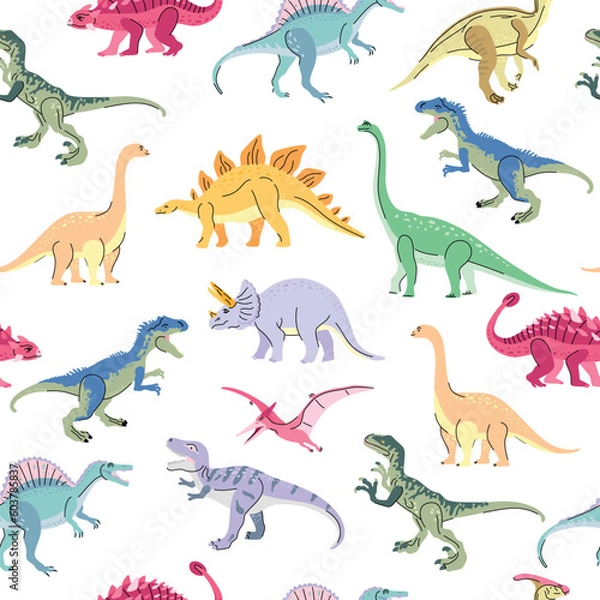 Fototapeta Seamless pattern with bright dinosaurs including T-rex, Brontosaurus, Triceratops, Velociraptor, Pteranodon, Allosaurus, etc. Isolated on white Trend illustration for kid