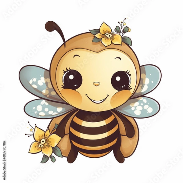 Obraz Cute cartoon bee with flowers on white background, Generative Ai