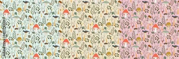 Fototapeta Tree variation vector seamless pattern, with mushrooms