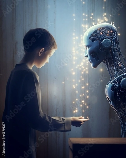 Fototapeta AI robot reading to a young boy