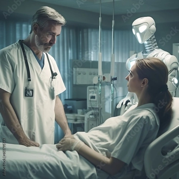 Fototapeta Doctor talking to patient with AI assistant.