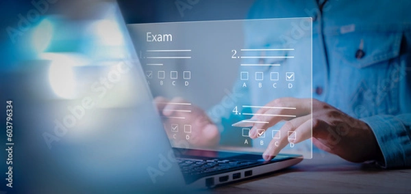 Obraz online exam, choose correct answer in test. adult student do test examination with multiple choice. Answer the test questions. E learning technology concept. Online education,