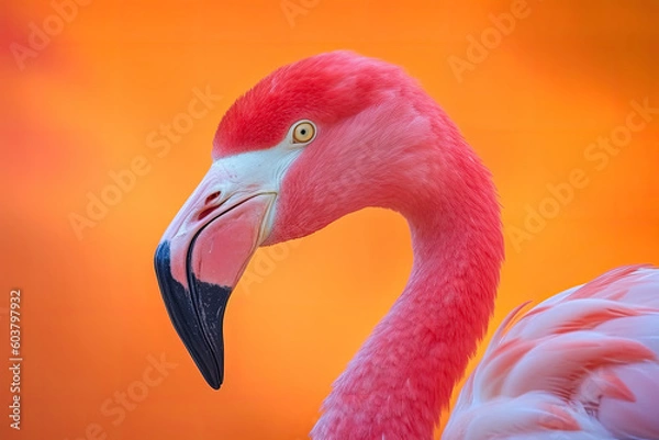 Fototapeta Flamingo portrait on pastel colored background. Exotic bird. Creativity banner. Created with Generative AI