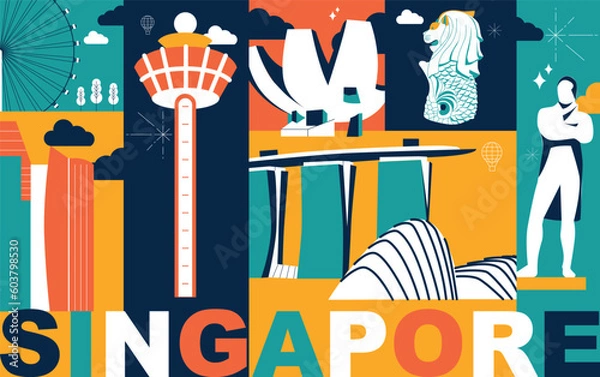 Obraz Typography word Singapore branding technology concept. Collection of flat vector web icons. Asian culture travel set, architectures, specialties detailed silhouette. Doodle Malaysia famous landmarks.