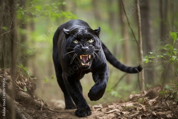 Fototapeta Angry black panther roaring and running in the forest.Front view.Created with generative ai